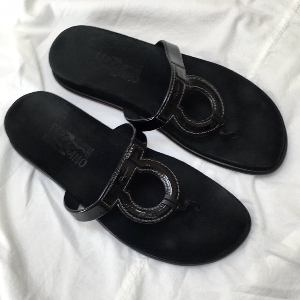 Salvatore Ferragamo Black Patent Leather Big Gancini Slides Sandals Sz. 9.5